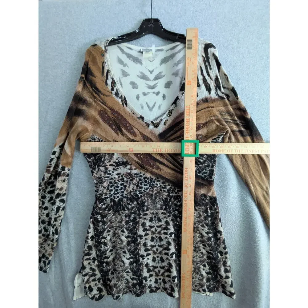 Alberto Makali Animal Print Top Women's Large Beaded Long Sleeves Art Blouse‎